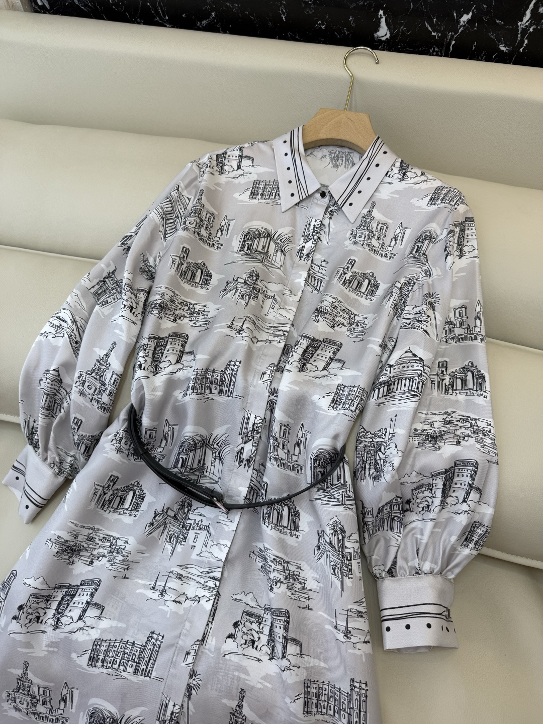 BS1111#新款连衣裙💕Max mara 法式建筑印花 100% 斜纹真丝印花长袖连衣裙 配腰带 36