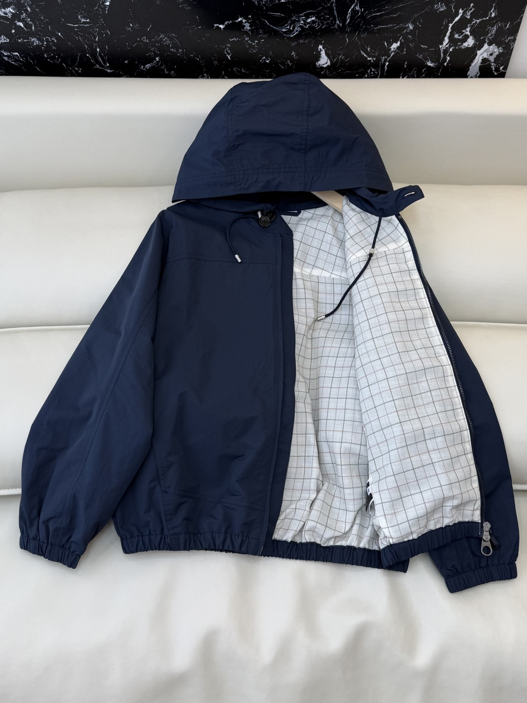 QGL039#新款外套💕LP 短风衣 内格纹 夹克拉链外套 杏色 藏青色 SML
