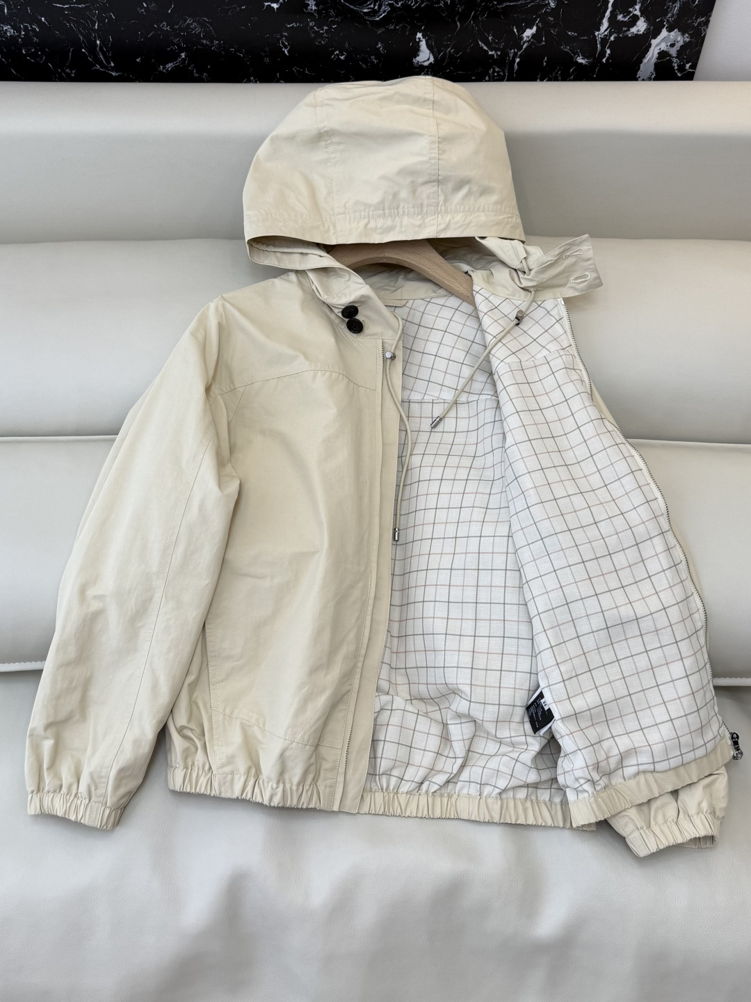 QGL039#新款外套💕LP 短风衣 内格纹 夹克拉链外套 杏色 藏青色 SML