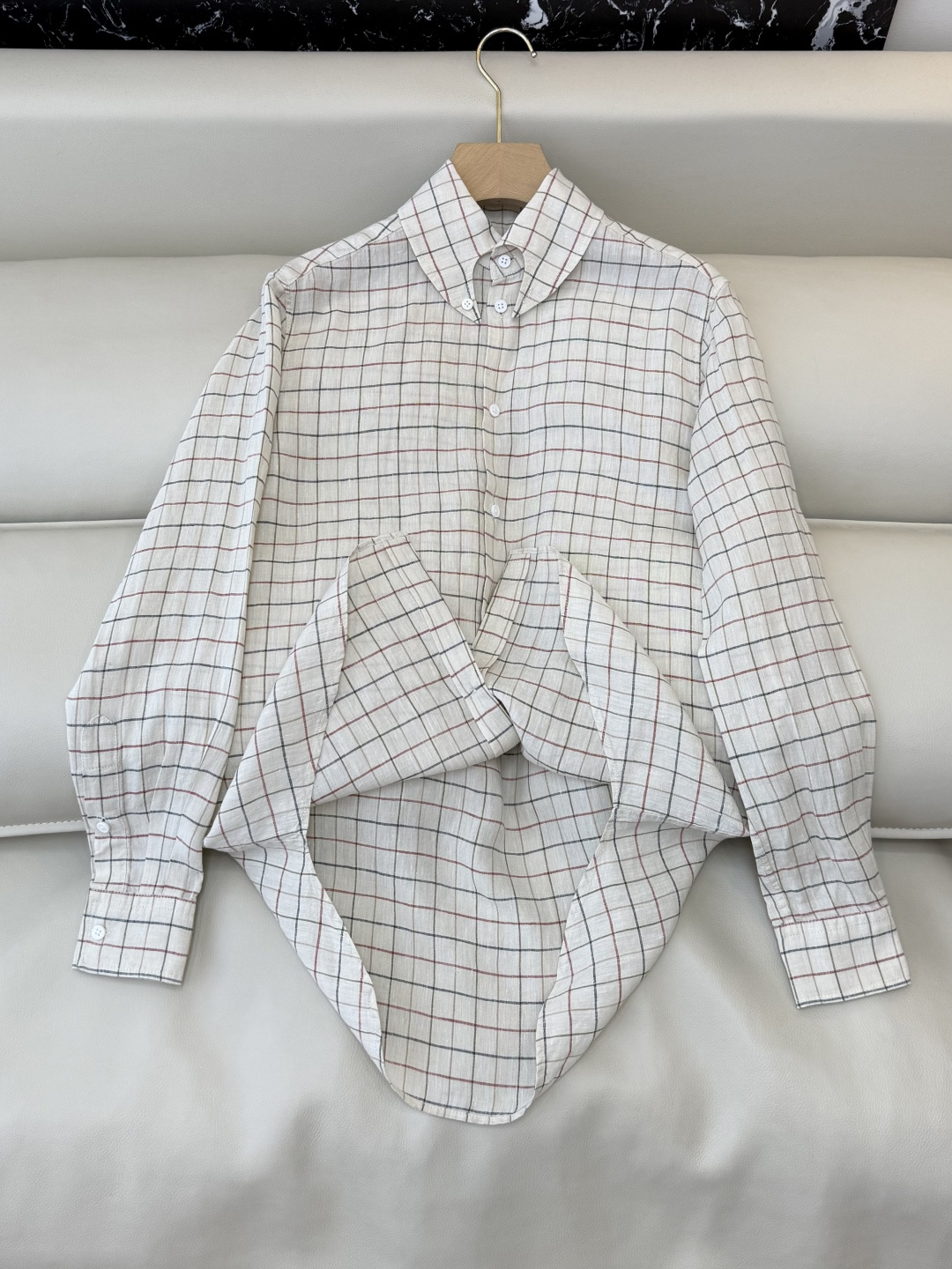 QGL040#新款衬衫💕LP 超好品质 100% 亚麻 格纹 衬衫 长袖 米色36/38/40