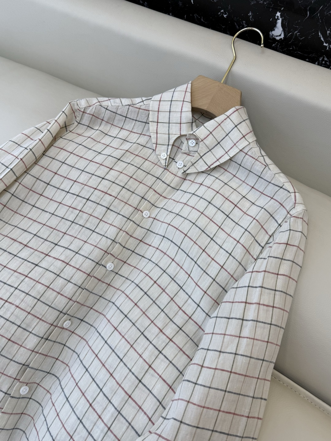 QGL040#新款衬衫💕LP 超好品质 100% 亚麻 格纹 衬衫 长袖 米色36/38/40