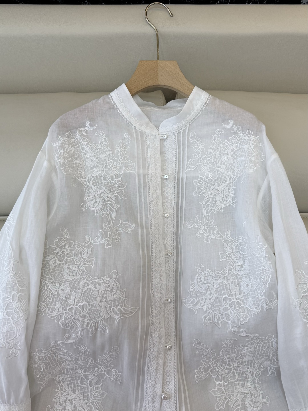 FY099#新款衬衫‼️ES 重工蕾丝水溶绣花 100% 苎麻长袖衬衫 蓝色 白色 SMLXL