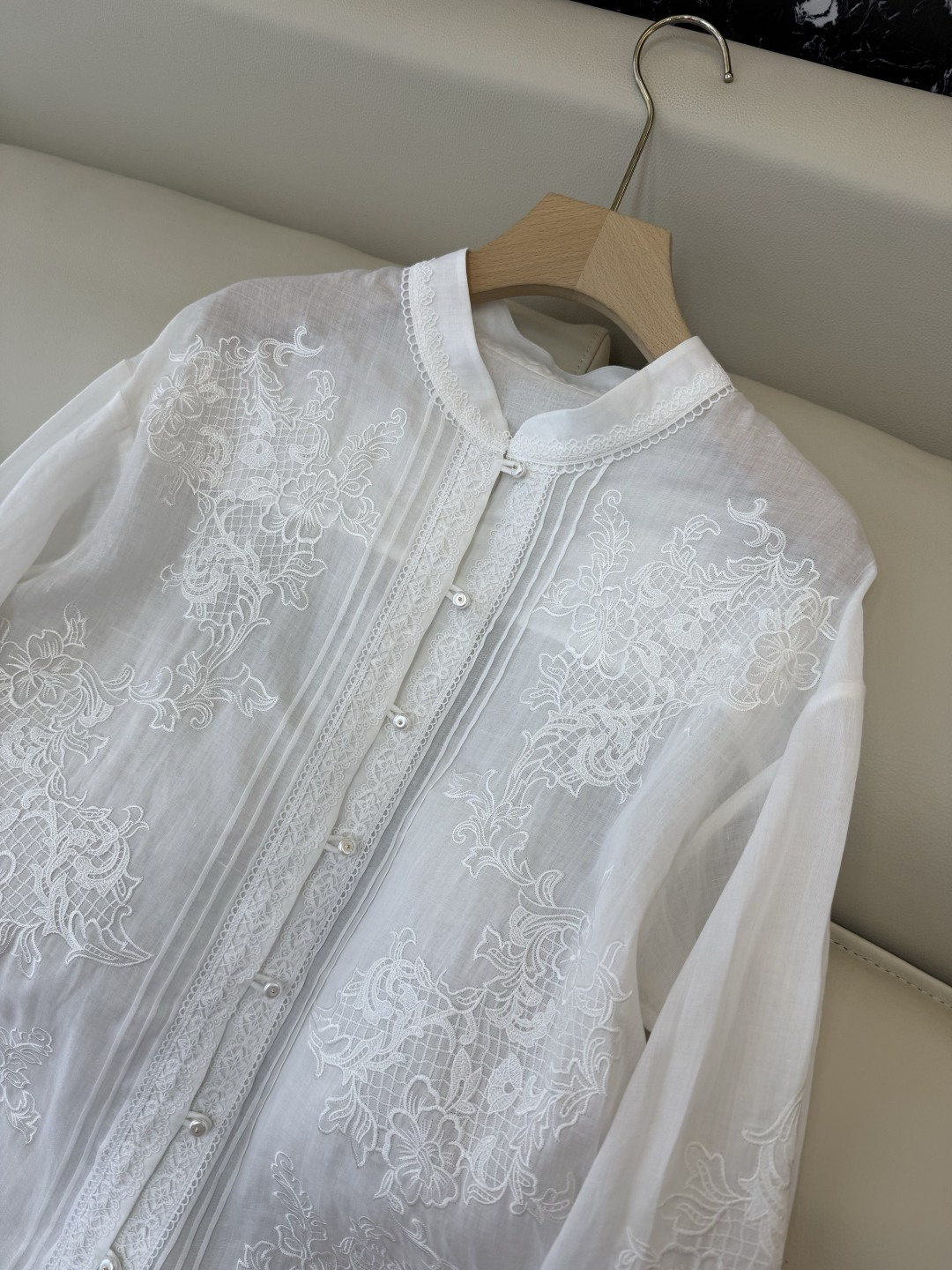 FY099#新款衬衫‼️ES 重工蕾丝水溶绣花 100% 苎麻长袖衬衫 蓝色 白色 SMLXL