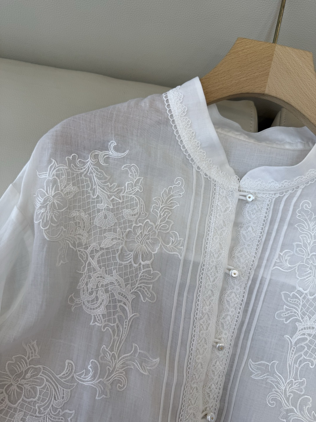 FY099#新款衬衫‼️ES 重工蕾丝水溶绣花 100% 苎麻长袖衬衫 蓝色 白色 SMLXL