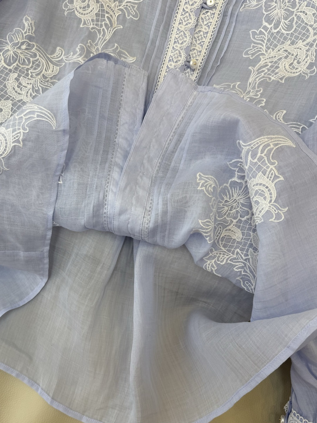 FY099#新款衬衫‼️ES 重工蕾丝水溶绣花 100% 苎麻长袖衬衫 蓝色 白色 SMLXL