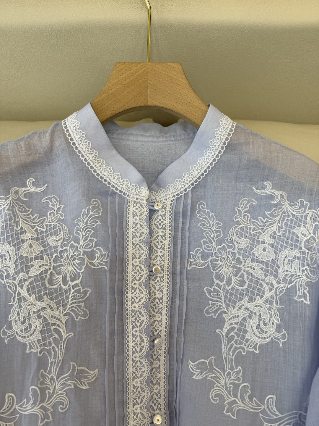 FY099#新款衬衫‼️ES 重工蕾丝水溶绣花 100% 苎麻长袖衬衫 蓝色 白色 SMLXL