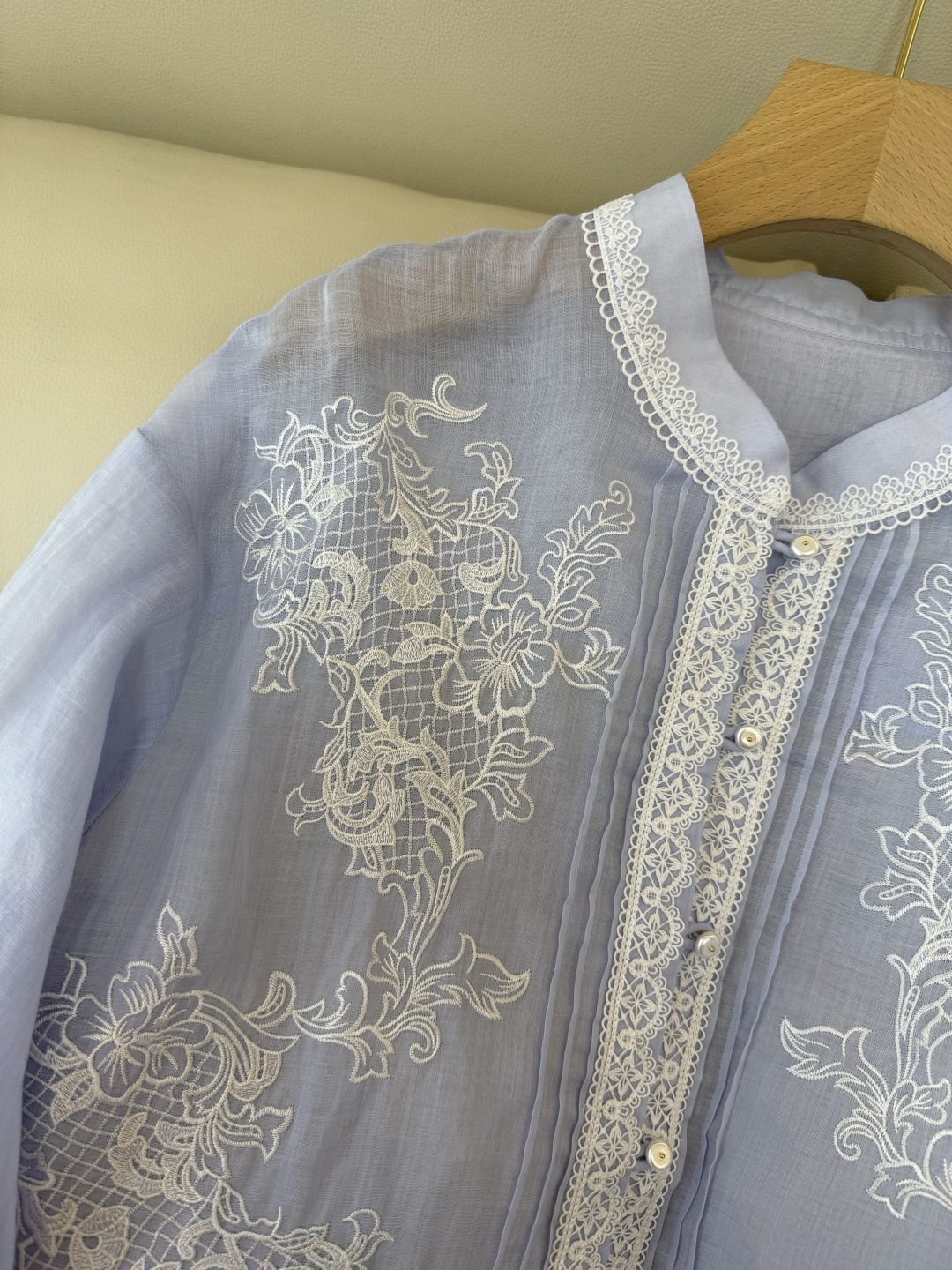 FY099#新款衬衫‼️ES 重工蕾丝水溶绣花 100% 苎麻长袖衬衫 蓝色 白色 SMLXL