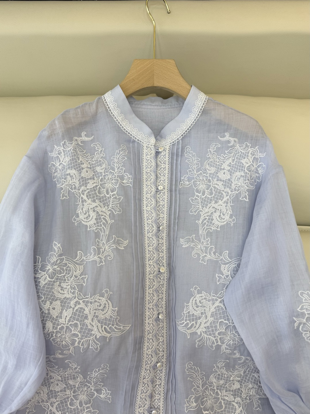 FY099#新款衬衫‼️ES 重工蕾丝水溶绣花 100% 苎麻长袖衬衫 蓝色 白色 SMLXL