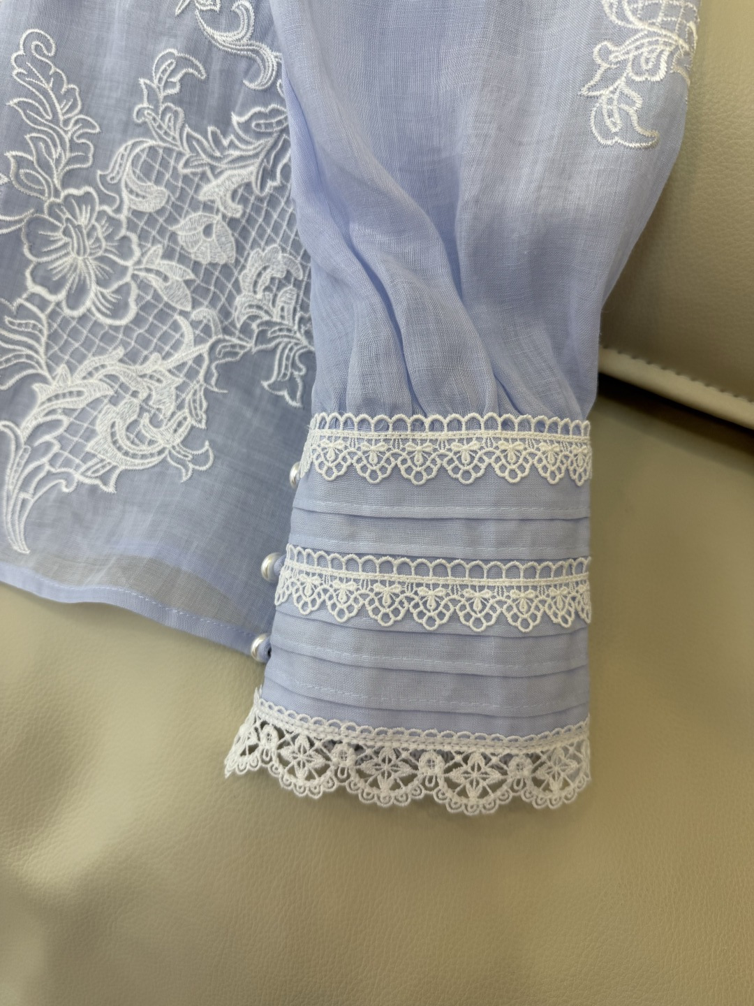 FY099#新款衬衫‼️ES 重工蕾丝水溶绣花 100% 苎麻长袖衬衫 蓝色 白色 SMLXL