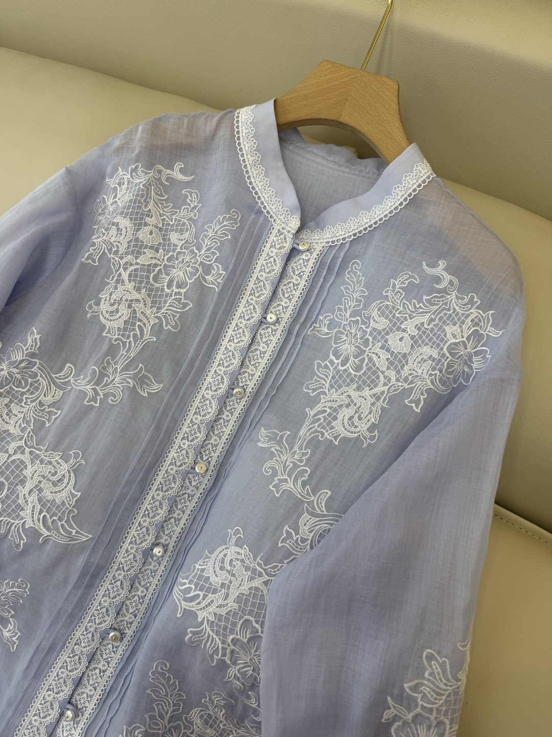 FY099#新款衬衫‼️ES 重工蕾丝水溶绣花 100% 苎麻长袖衬衫 蓝色 白色 SMLXL