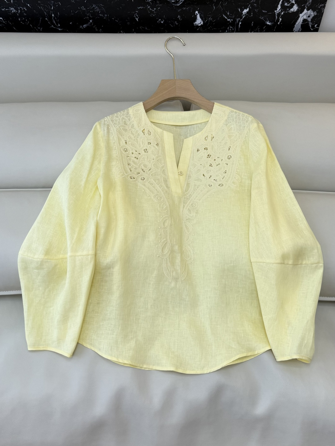 FY083#新款套装🌾Zimm 镂空绣花 100% 亚麻 上衣➕长裤套装 黄色SMLXL