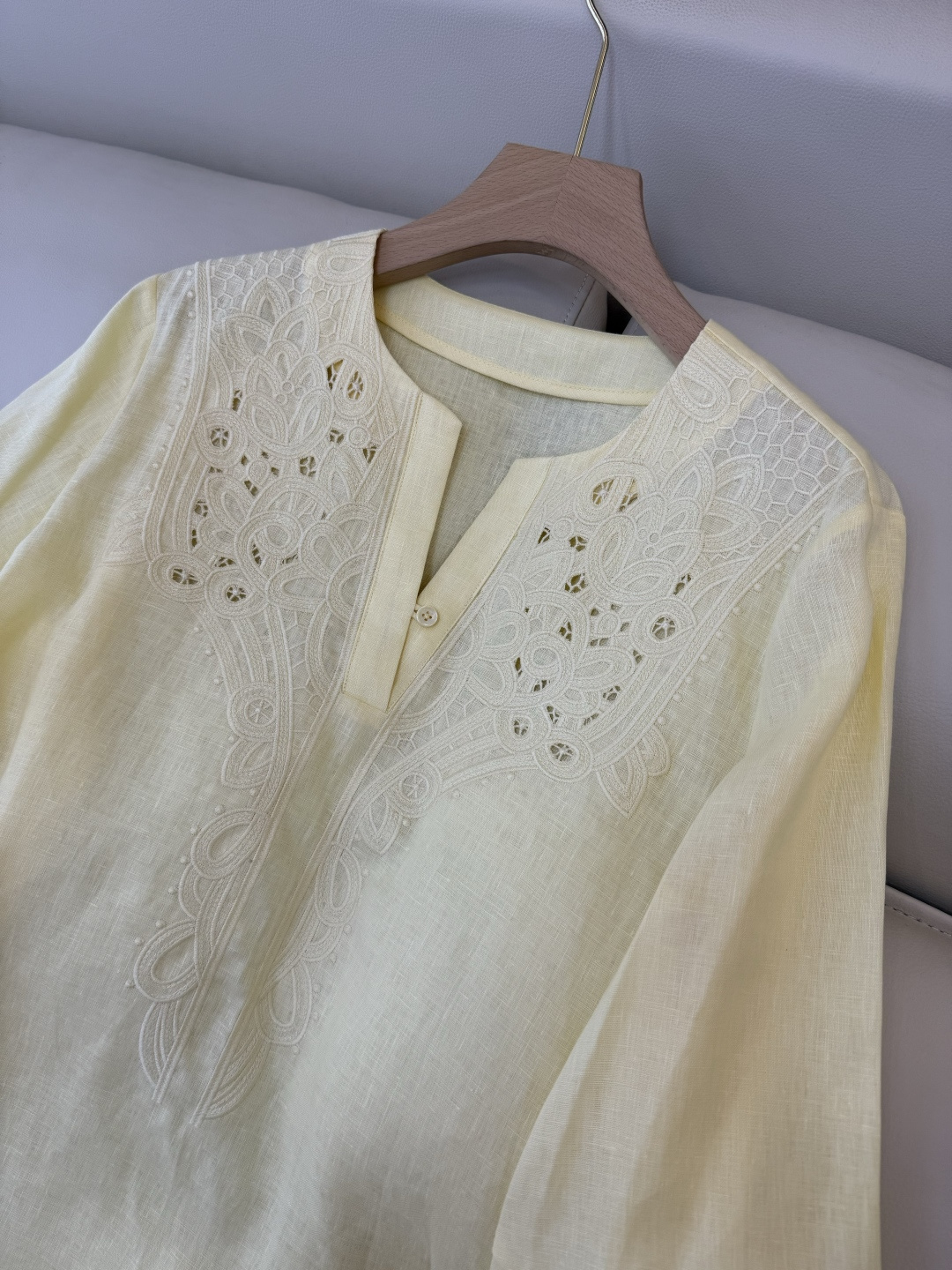 FY083#新款套装🌾Zimm 镂空绣花 100% 亚麻 上衣➕长裤套装 黄色SMLXL