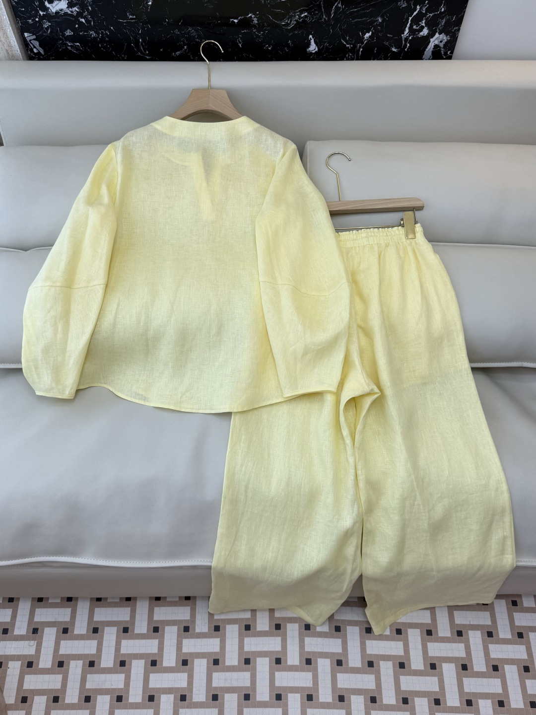 FY083#新款套装🌾Zimm 镂空绣花 100% 亚麻 上衣➕长裤套装 黄色SMLXL