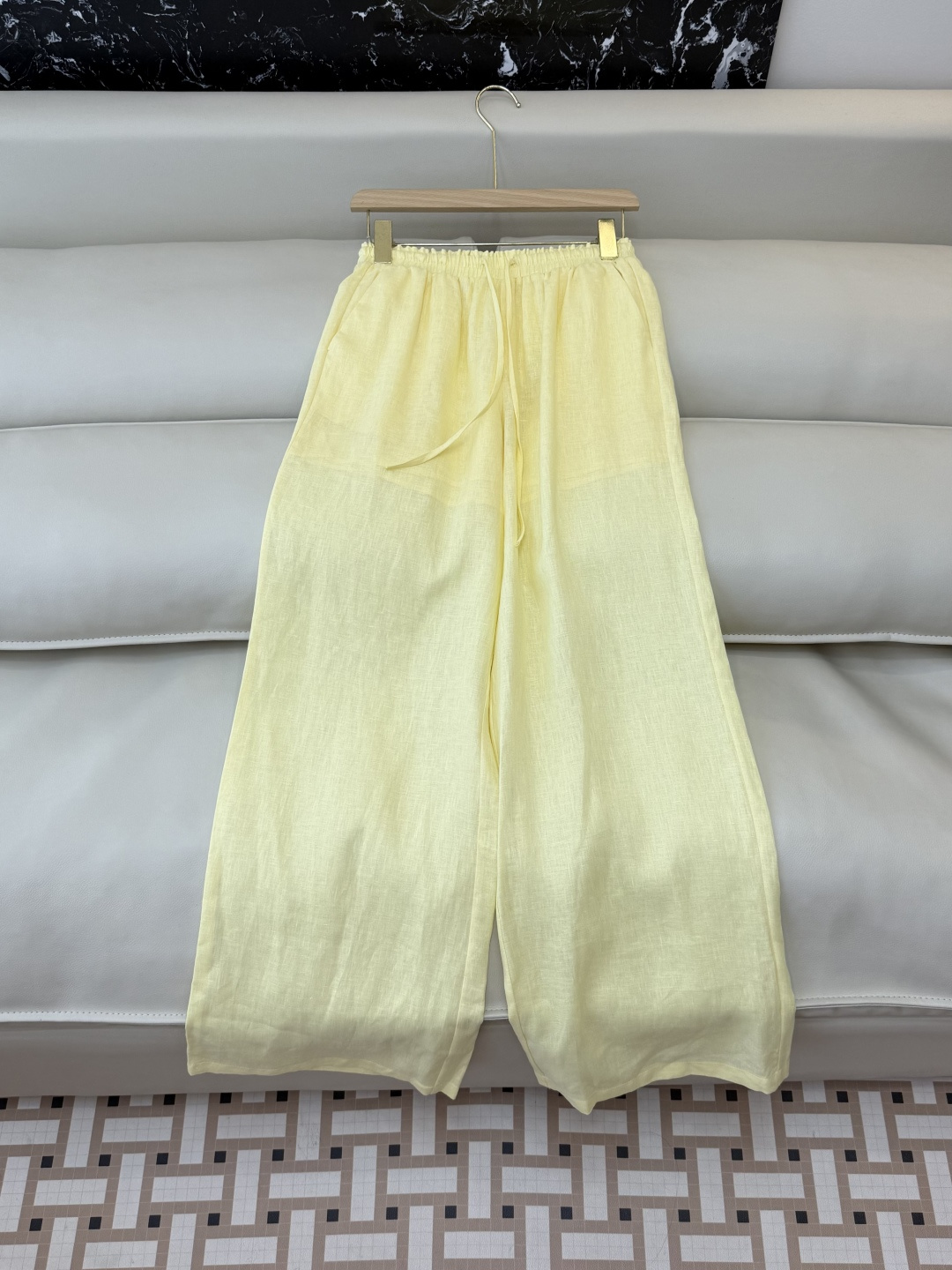 FY083#新款套装🌾Zimm 镂空绣花 100% 亚麻 上衣➕长裤套装 黄色SMLXL