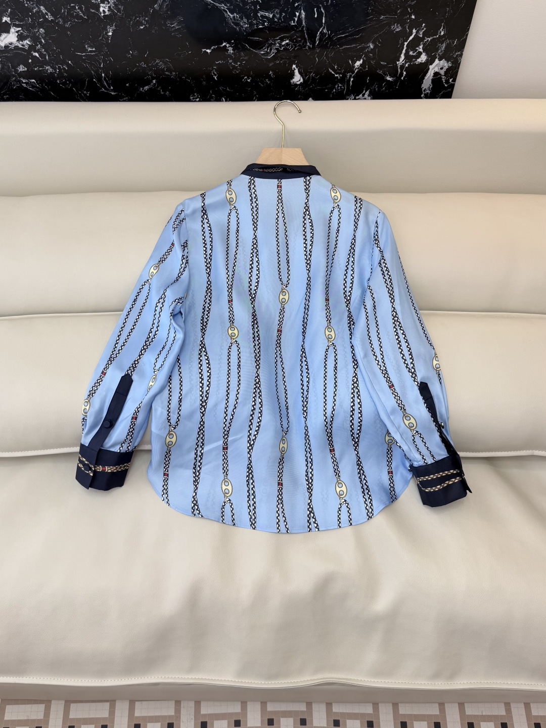 BS1117#新款衬衫💕gucci 条纹100% 真丝 蝴蝶结 印花上衣 蓝色 36-42