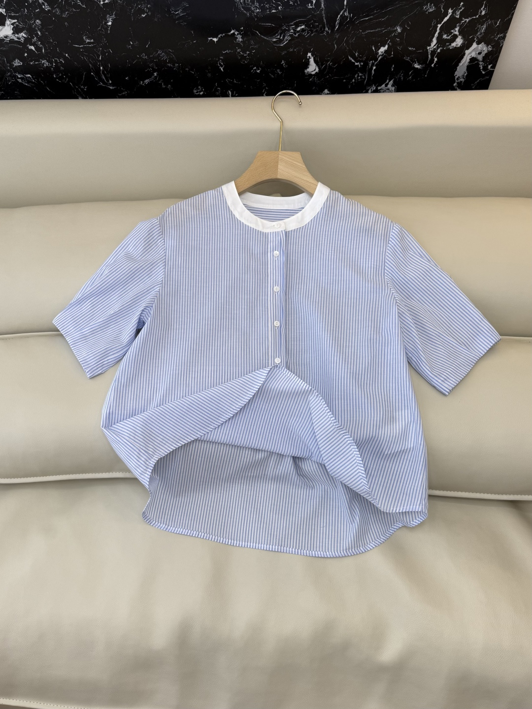 LS003#新款衬衫⚠️‼️the row 100% 棉 极简风 条纹印花 短袖衬衫 蓝色 S-XL