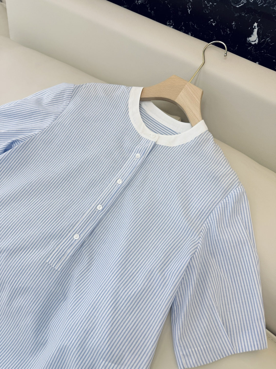 LS003#新款衬衫⚠️‼️the row 100% 棉 极简风 条纹印花 短袖衬衫 蓝色 S-XL