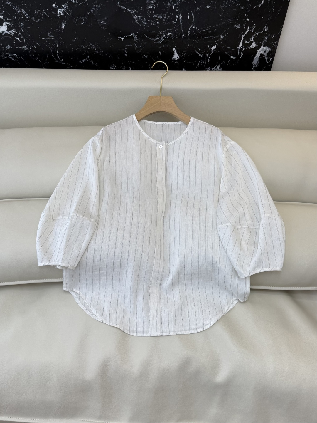 LS004#新款衬衫⚠️‼️the row 12%亚麻棉 极简风 条纹印花 七分袖衬衫 S-XL