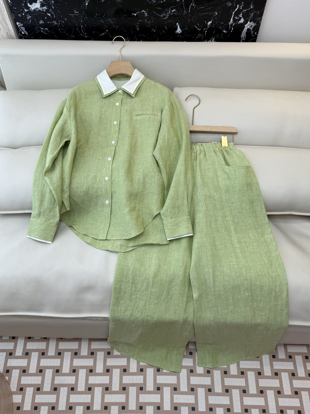 ZM003#新款套装⚠️‼️Lp🆕 经典款 100% 亚麻长袖衬衫➕长裤套装 灰色 绿色 SML