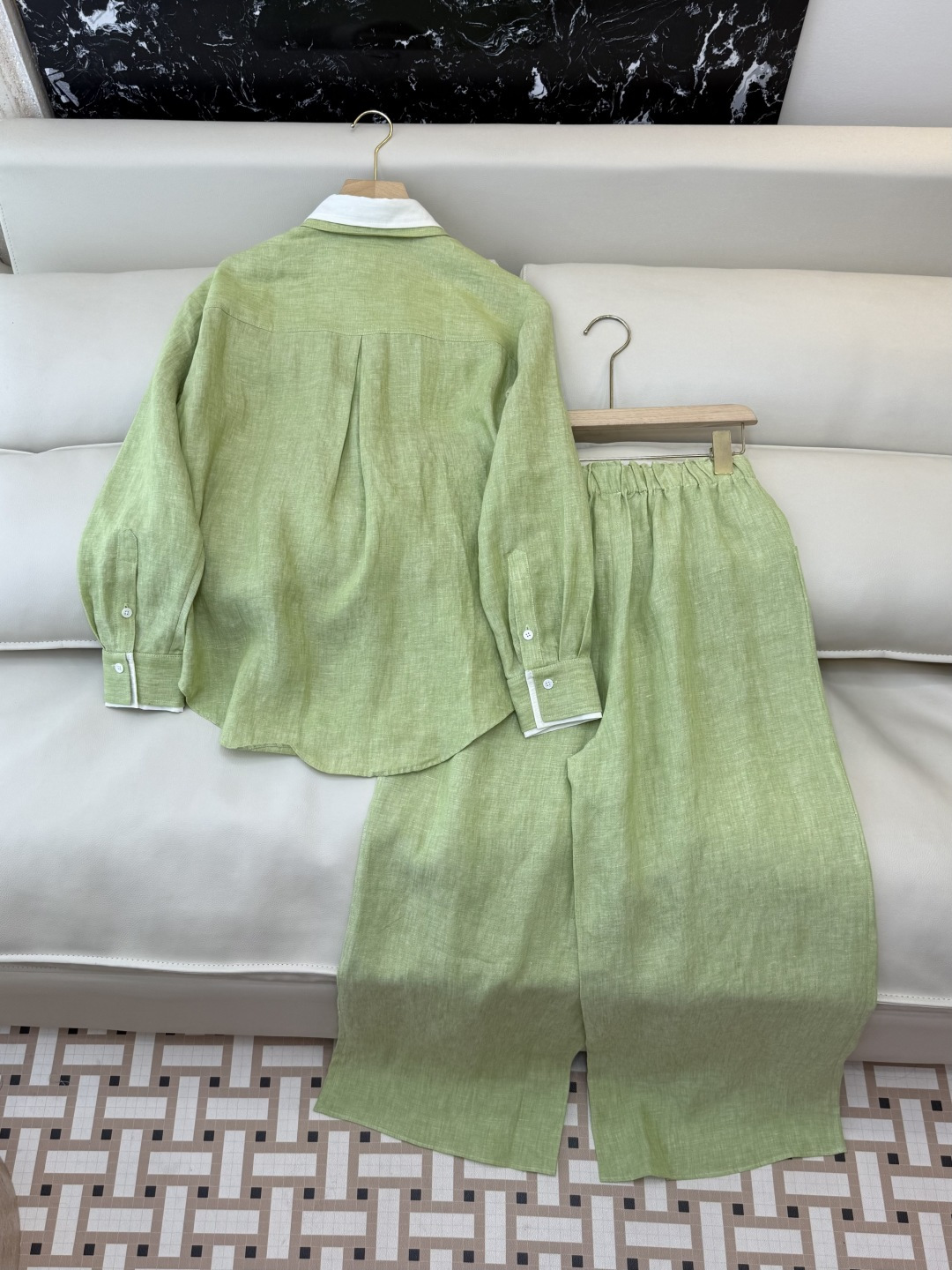ZM003#新款套装⚠️‼️Lp🆕 经典款 100% 亚麻长袖衬衫➕长裤套装 灰色 绿色 SML