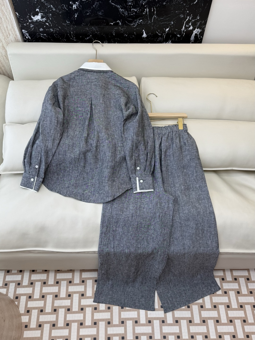 ZM003#新款套装⚠️‼️Lp🆕 经典款 100% 亚麻长袖衬衫➕长裤套装 灰色 绿色 SML