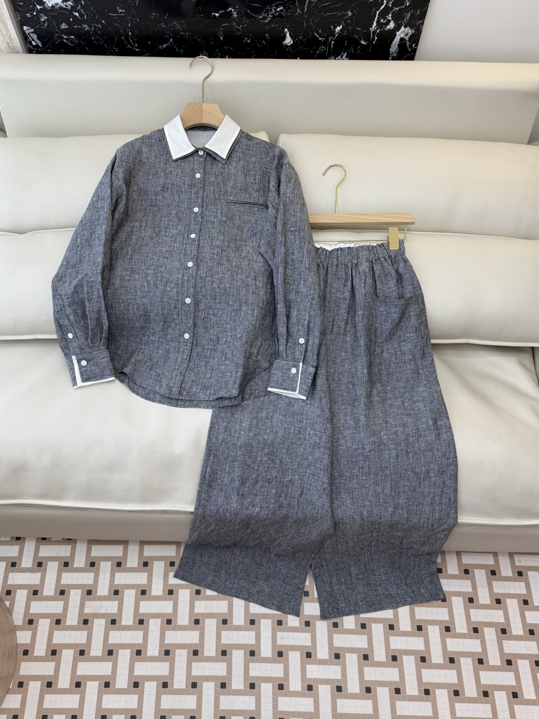 ZM003#新款套装⚠️‼️Lp🆕 经典款 100% 亚麻长袖衬衫➕长裤套装 灰色 绿色 SML