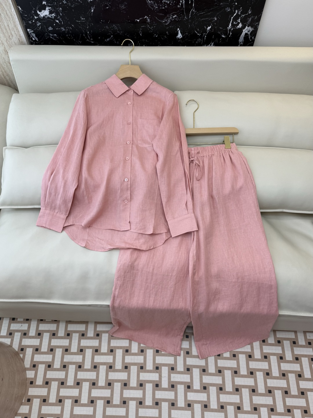 ZM002#新款套装⚠️‼️Lp🆕 经典款 100% 亚麻长袖衬衫➕长裤套装 本色麻/粉色 SML