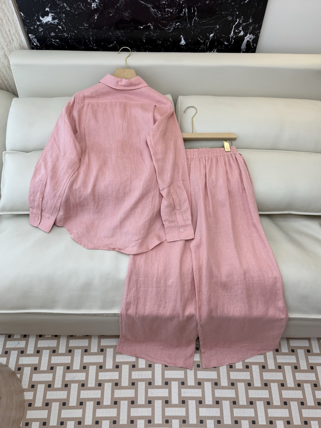 ZM002#新款套装⚠️‼️Lp🆕 经典款 100% 亚麻长袖衬衫➕长裤套装 本色麻/粉色 SML