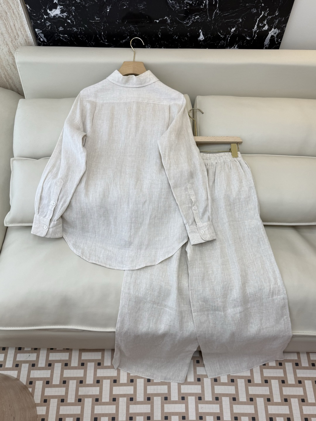 ZM002#新款套装⚠️‼️Lp🆕 经典款 100% 亚麻长袖衬衫➕长裤套装 本色麻/粉色 SML