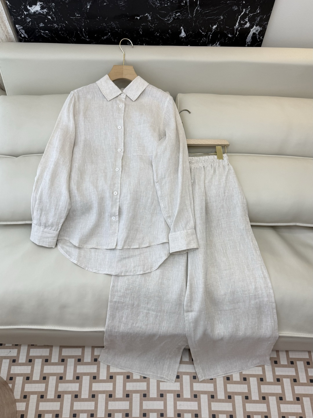 ZM002#新款套装⚠️‼️Lp🆕 经典款 100% 亚麻长袖衬衫➕长裤套装 本色麻/粉色 SML
