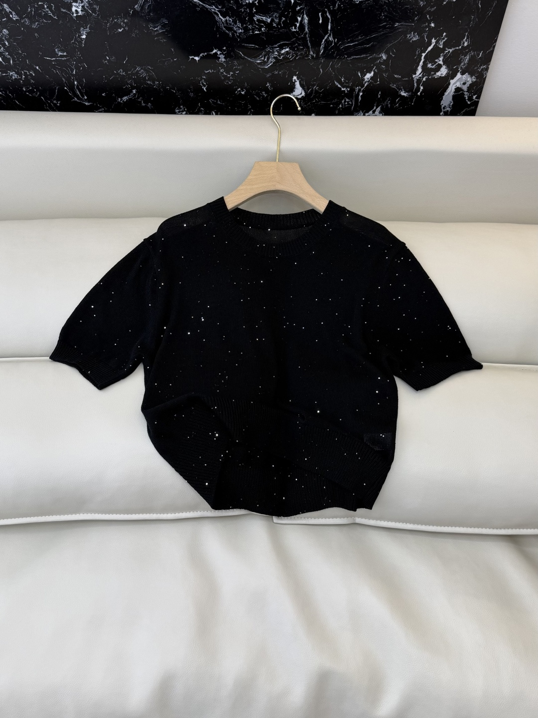 LZM26006#新款针织‼️BC 珠片纱 短袖针织上衣 三色 SML