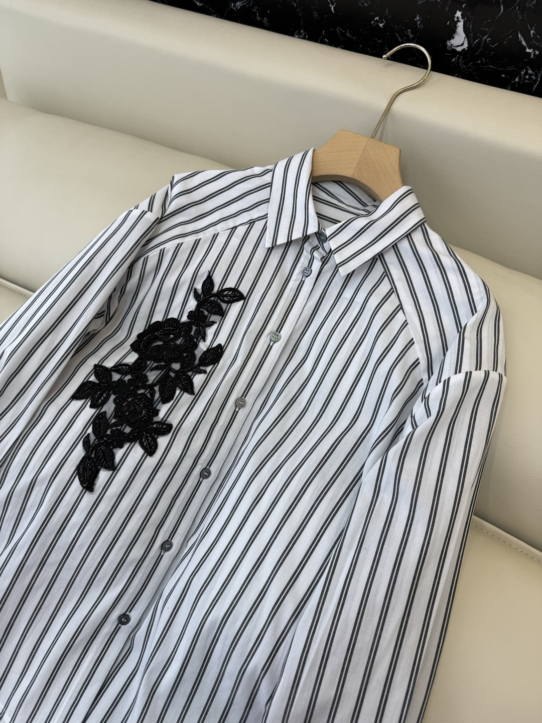 AS003#新款衬衫⚠️‼️ES 蕾丝绣花片 条纹长袖棉衬衫 黑白条纹 SMLXL