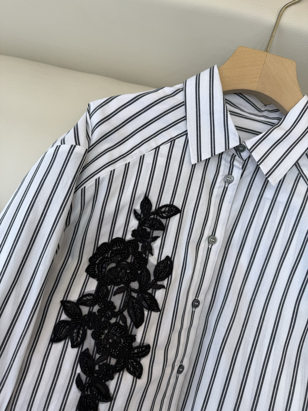 AS003#新款衬衫⚠️‼️ES 蕾丝绣花片 条纹长袖棉衬衫 黑白条纹 SMLXL