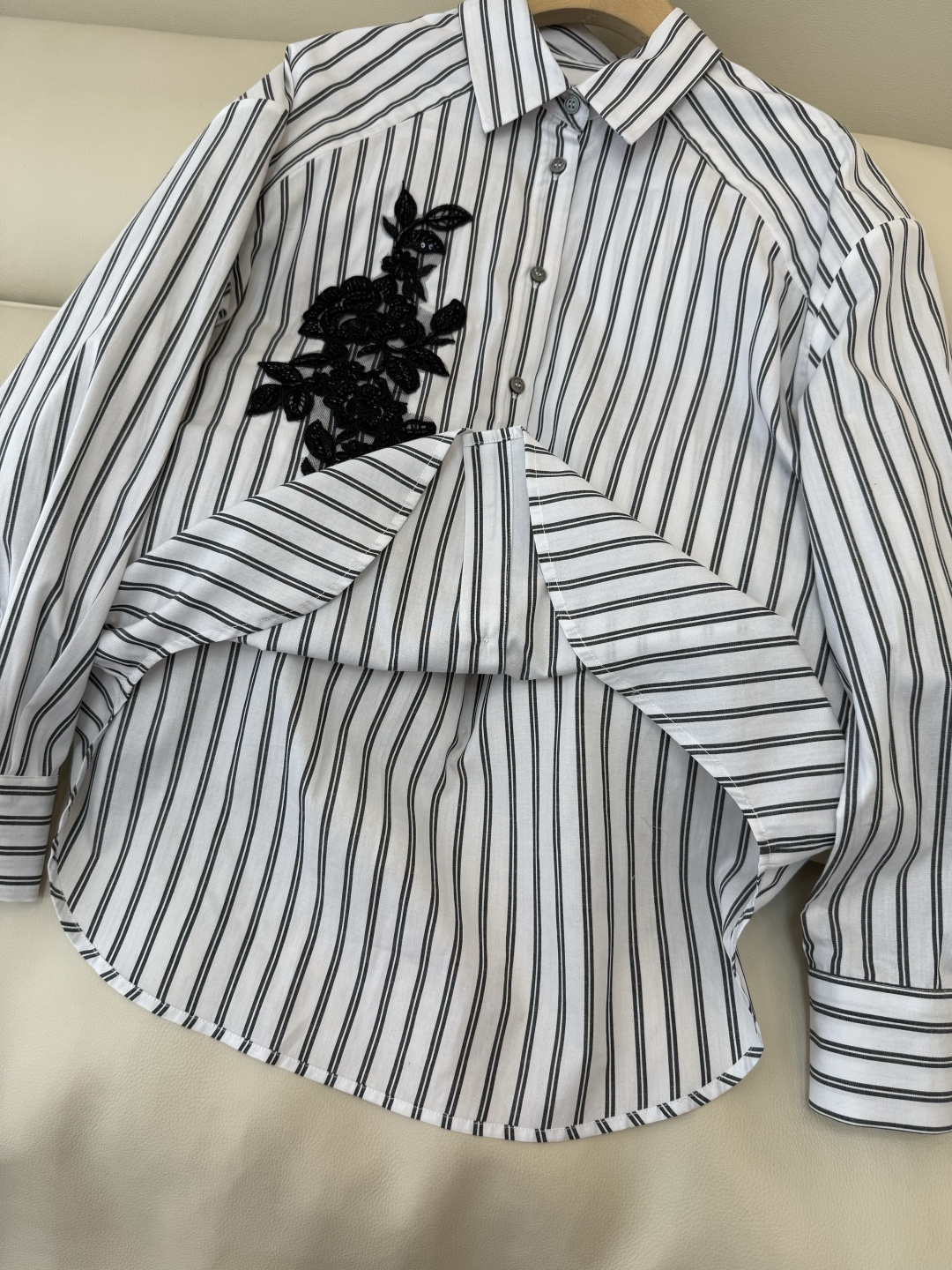 AS003#新款衬衫⚠️‼️ES 蕾丝绣花片 条纹长袖棉衬衫 黑白条纹 SMLXL