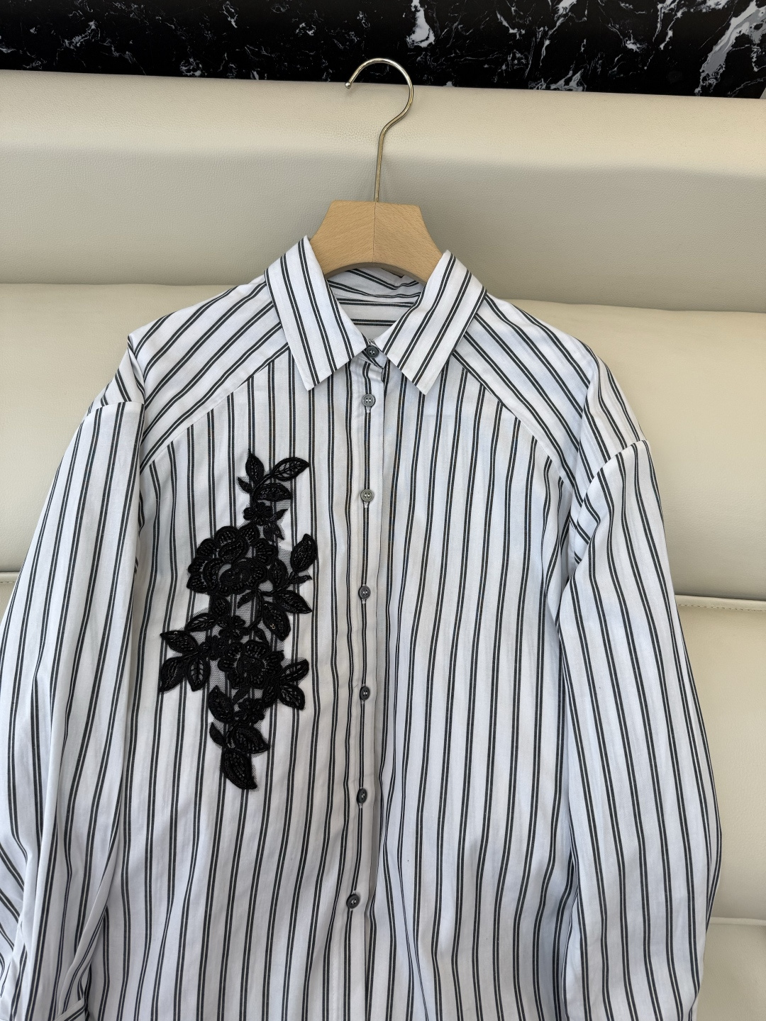 AS003#新款衬衫⚠️‼️ES 蕾丝绣花片 条纹长袖棉衬衫 黑白条纹 SMLXL