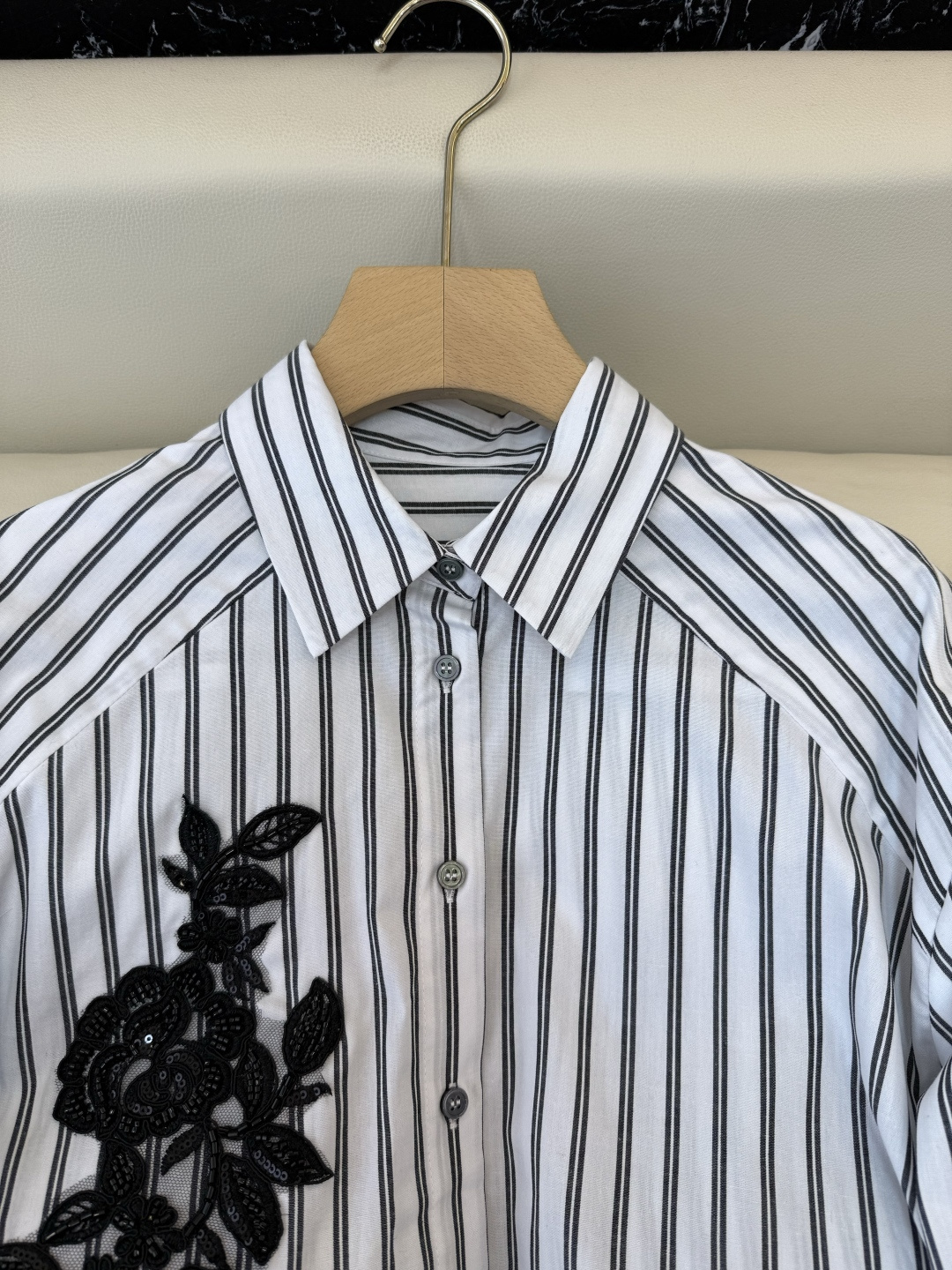 AS003#新款衬衫⚠️‼️ES 蕾丝绣花片 条纹长袖棉衬衫 黑白条纹 SMLXL