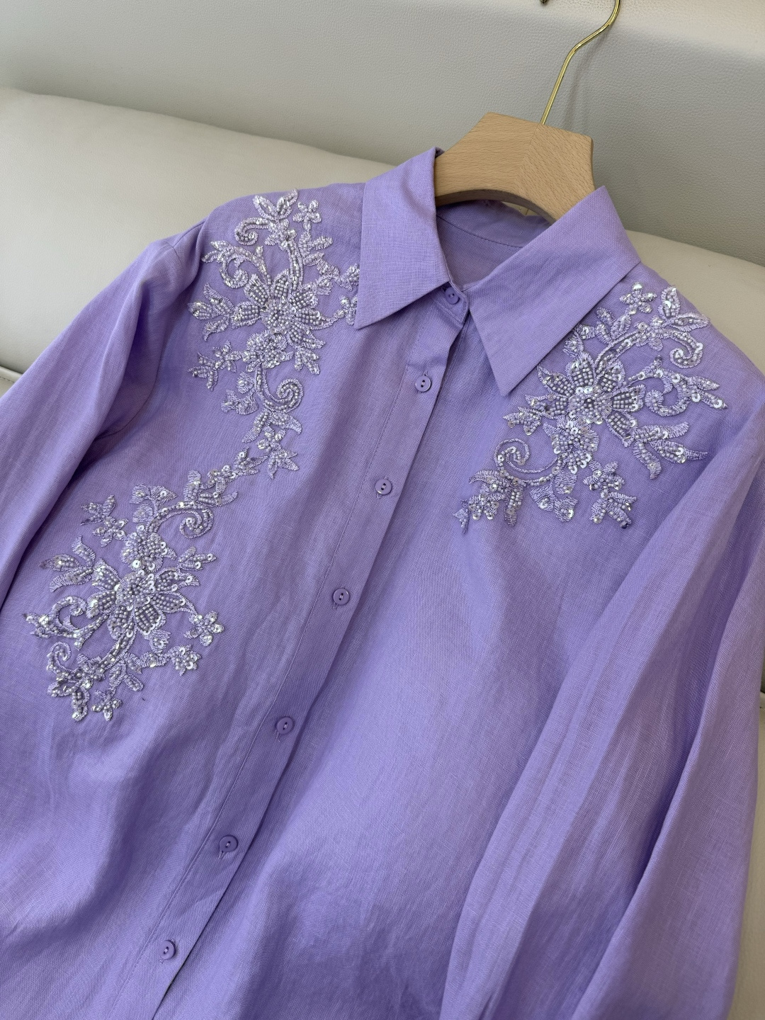 AS002#新款衬衫⚠️‼️zimm 亚麻刺绣珠管 长袖衬衫 紫色 SMLXL