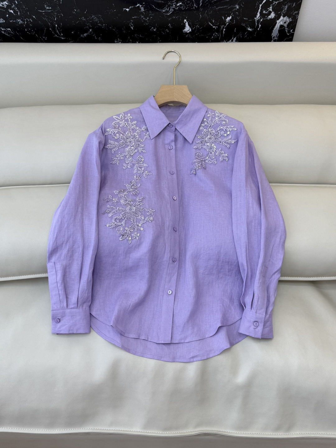 AS002#新款衬衫⚠️‼️zimm 亚麻刺绣珠管 长袖衬衫 紫色 SMLXL