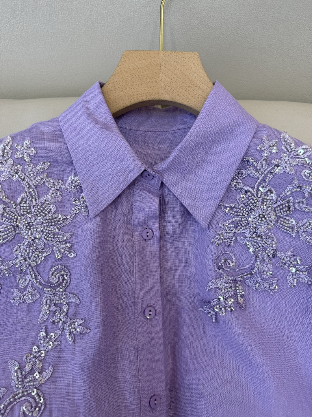 AS002#新款衬衫⚠️‼️zimm 亚麻刺绣珠管 长袖衬衫 紫色 SMLXL