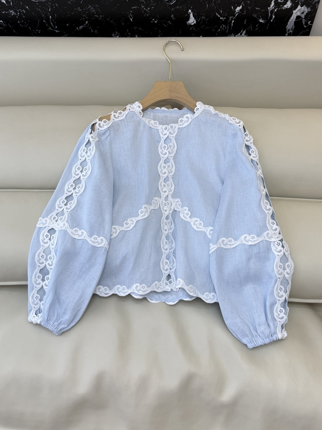 NO:738556,LH006# New Top Factory ES Linen Embroidered Lace Long Sleeve Top Blue White SML,,19860909LH006#新款上衣工厂 ES 亚麻 绣花花边长袖上衣 蓝色 白色 SML,,,Women's clothing