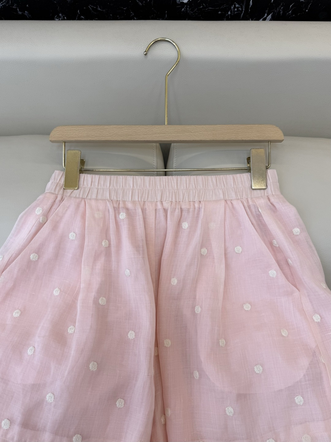 YM091#新款套装‼️度假风 100%亚麻圆点绣花上衣 ➕短裤 套装 浅粉色 浅黄色 SMLXL