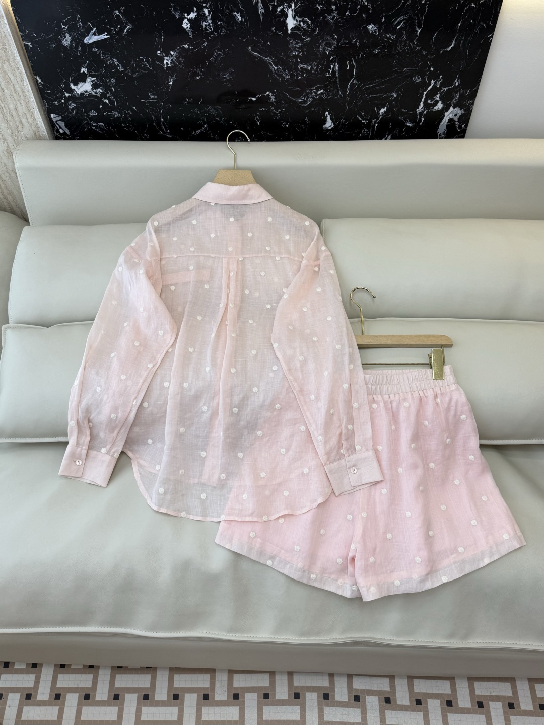 YM091#新款套装‼️度假风 100%亚麻圆点绣花上衣 ➕短裤 套装 浅粉色 浅黄色 SMLXL
