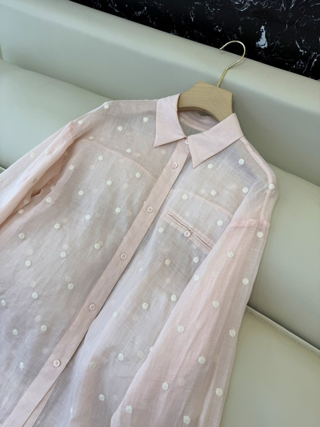 YM091#新款套装‼️度假风 100%亚麻圆点绣花上衣 ➕短裤 套装 浅粉色 浅黄色 SMLXL