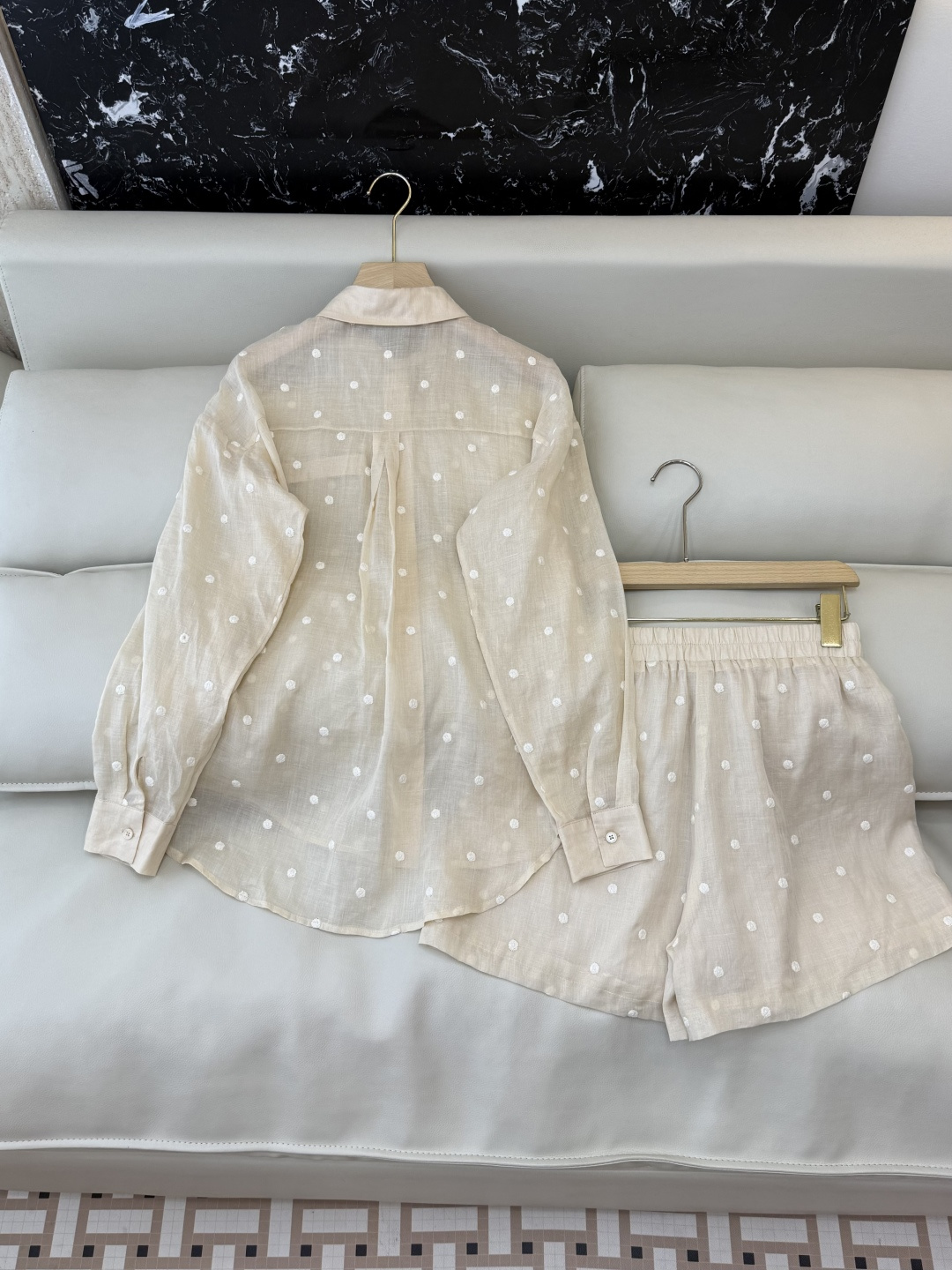 YM091#新款套装‼️度假风 100%亚麻圆点绣花上衣 ➕短裤 套装 浅粉色 浅黄色 SMLXL