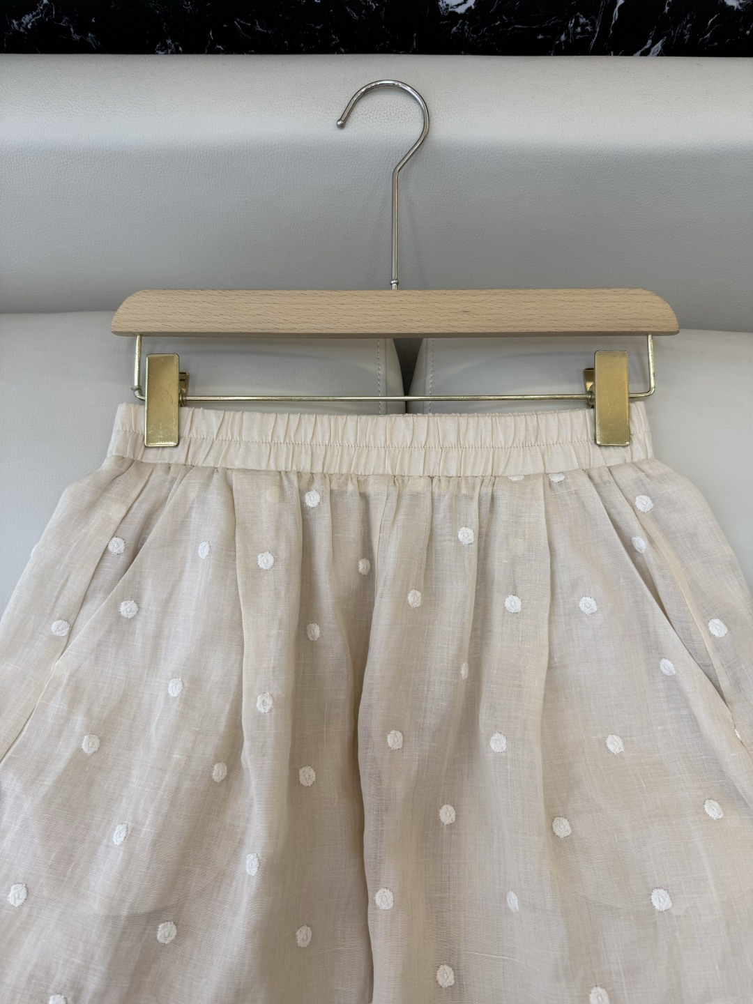 YM091#新款套装‼️度假风 100%亚麻圆点绣花上衣 ➕短裤 套装 浅粉色 浅黄色 SMLXL