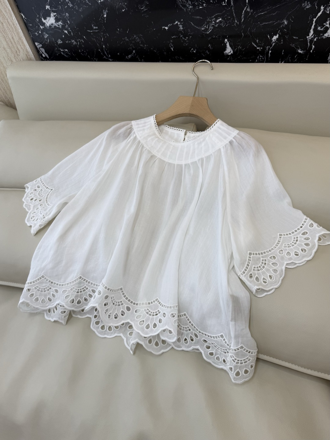 ES020#新款衬衫💕ES 镂空绣花 圆领 苎麻 天丝上衣 白色 SML