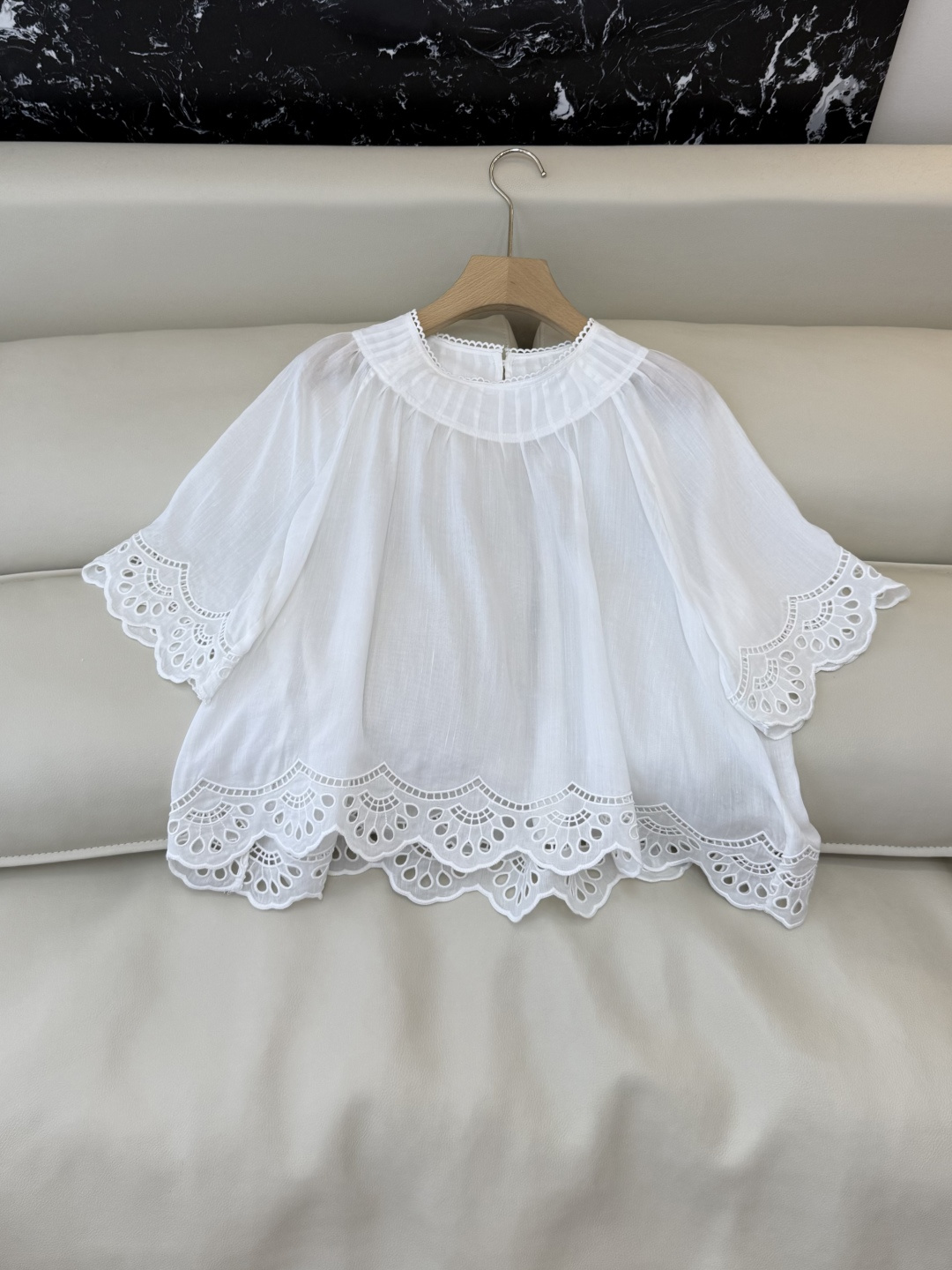 ES020#新款衬衫💕ES 镂空绣花 圆领 苎麻 天丝上衣 白色 SML