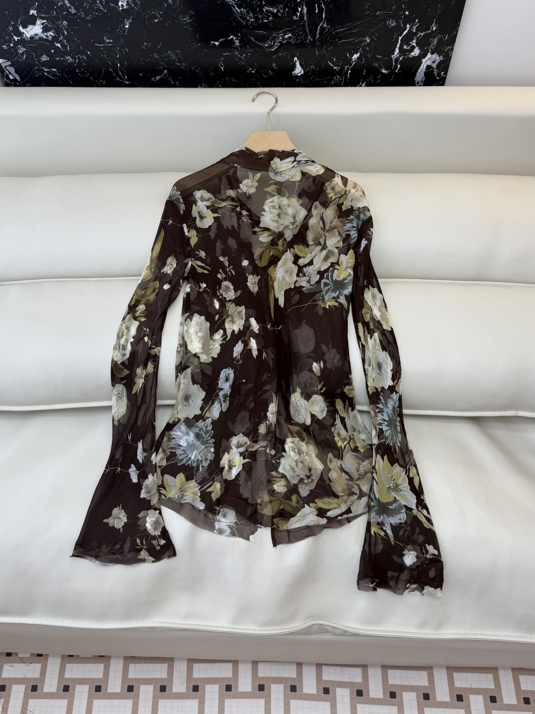 ES017#新款上衣💕人丝印花显瘦上衣 咖色 SML