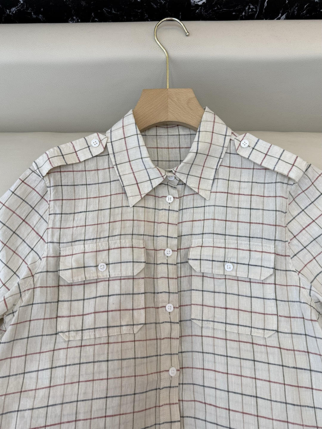 QGL042#新款衬衫💕LP 超好品质 100% 亚麻 格纹 衬衫 短袖 米色36/38/40