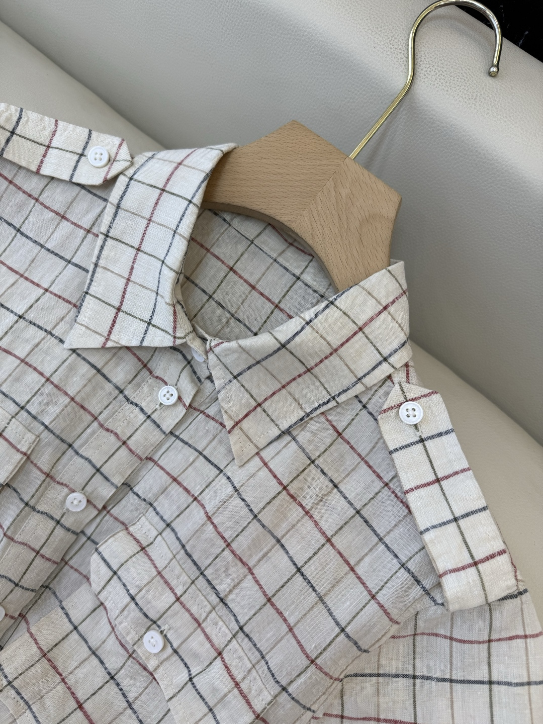 QGL042#新款衬衫💕LP 超好品质 100% 亚麻 格纹 衬衫 短袖 米色36/38/40